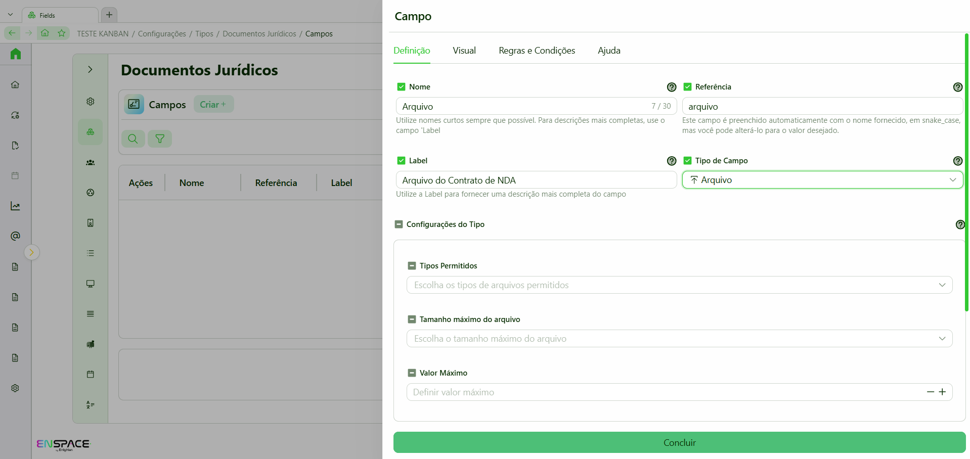 Configuração do campo Arquivo