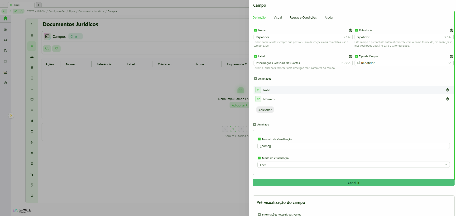 Configuração do campo Repetidor