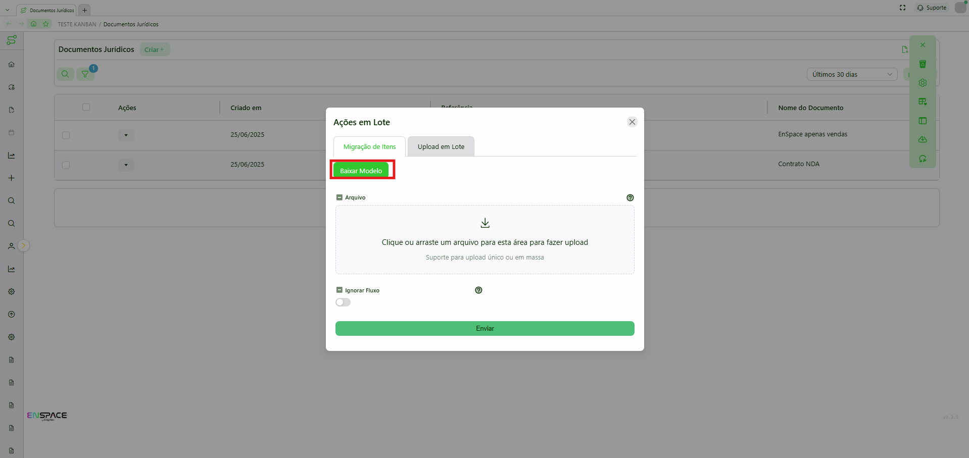 Download do modelo de Excel para criação