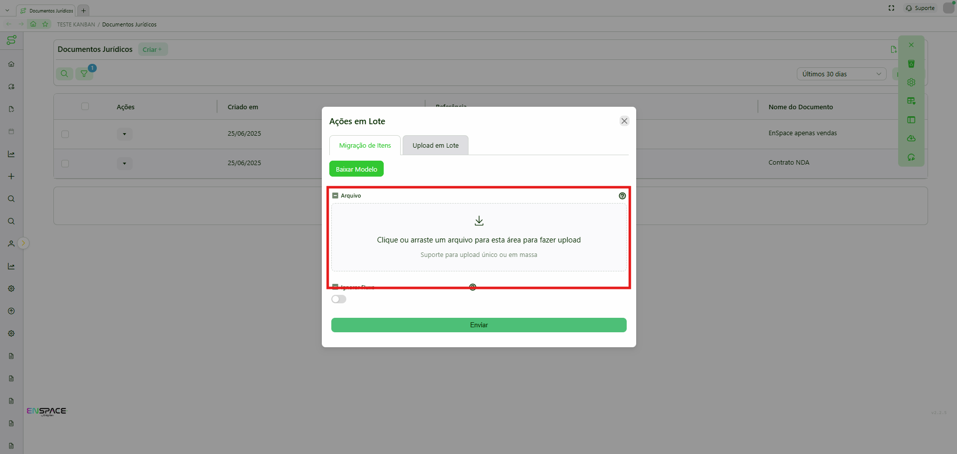 Upload do arquivo preenchido para criação